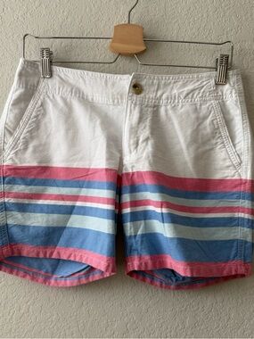 Columbia PFG Women’s White Flat Front Shorts with Pink & Blue Stripes